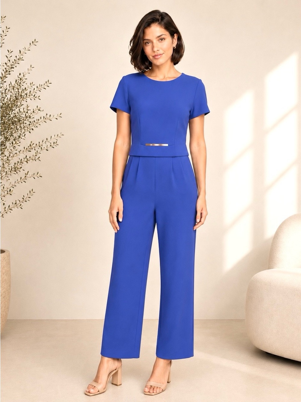 Liz Claiborne Jumpsuit One-Piece Crepe Short Sleeve Front Crew Neck Back V-Neck